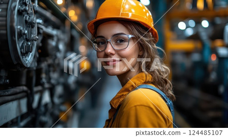 Woman wearing safety gear in industrial setting 124485107