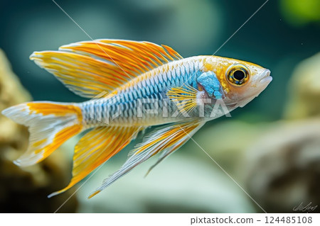 Colorful fish swimming in clear water tank 124485108