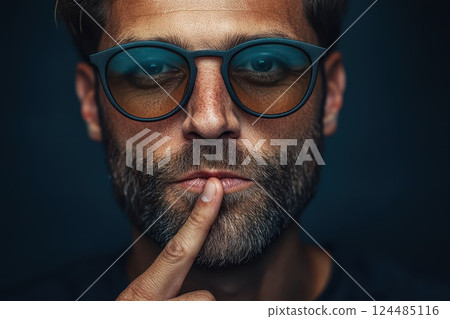 Man with glasses gazes thoughtfully 124485116