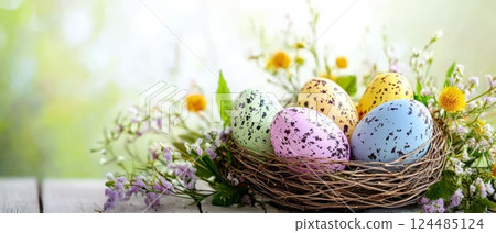 Colorful Easter eggs nestled in a floral nest 124485124