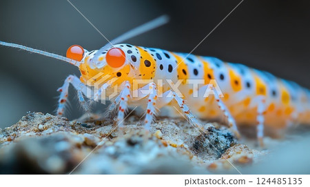 Colorful bug on sandy close up surface Colorful bug on sandy close up surface 124485135