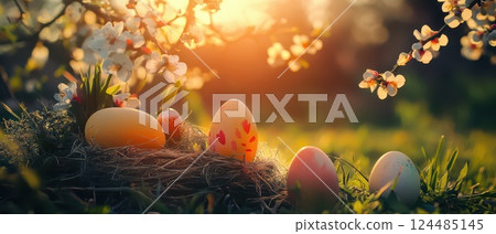 Spring eggs in a blooming garden 124485145