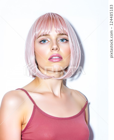 Image of a young woman wearing a camisole with pink hair 124485183