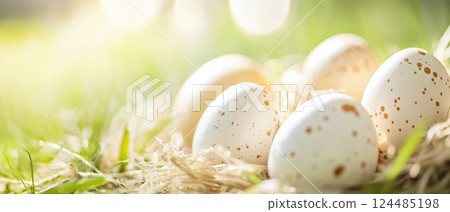 Fresh eggs resting peacefully in a grassy nest 124485198
