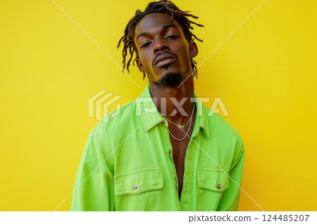 Confident young man by yellow wall 124485207