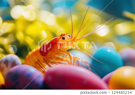 Colorful shrimp surrounded by Easter eggs in water 124485214