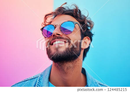 Man smiling against colorful wall backdrop 124485215