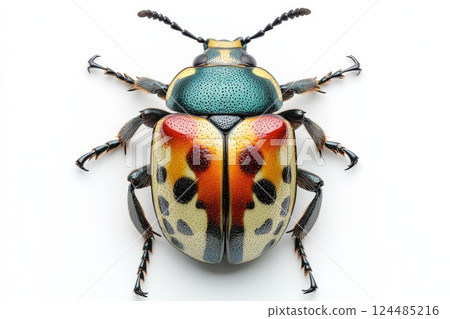 Colorful beetle resting on a white surface 124485216