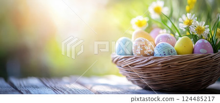 Colorful eggs in a decorative basket for spring 124485217