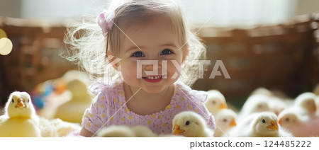 Smiling child plays among fluffy yellow chicks Smiling child plays among fluffy yellow chicks 124485222