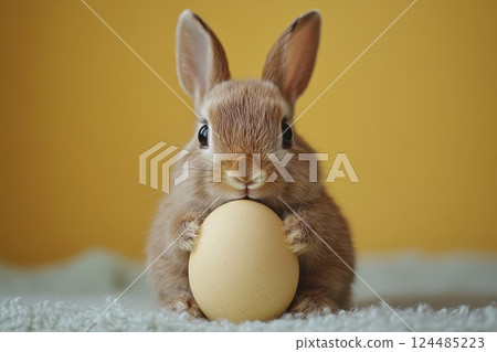 Cute bunny holds a yellow egg in a cozy setting 124485223