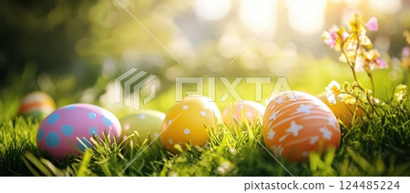 Colorful Easter eggs placed on green grass 124485224