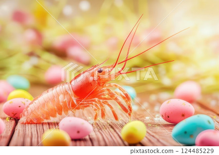 Colorful shrimp surrounded by pastel eggs on wood 124485229