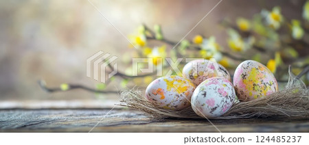 Colorful decorated eggs sit in a nest with flowers Colorful decorated eggs sit in a nest with flowers 124485237