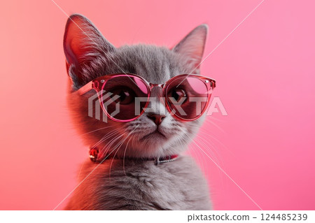 Cat in cool shades on pink backdrop Cat in cool shades on pink backdrop 124485239