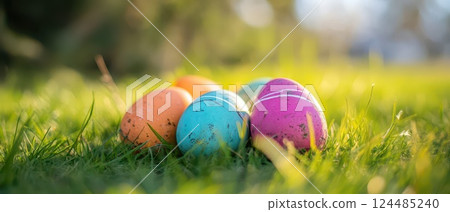 Easter eggs on spring grass Easter eggs on spring grass 124485240