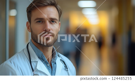 Young doctor standing in hospital corridor Young doctor standing in hospital corridor 124485255
