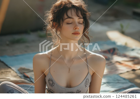 Relaxed moment of a woman enjoying nature outdoors 124485261