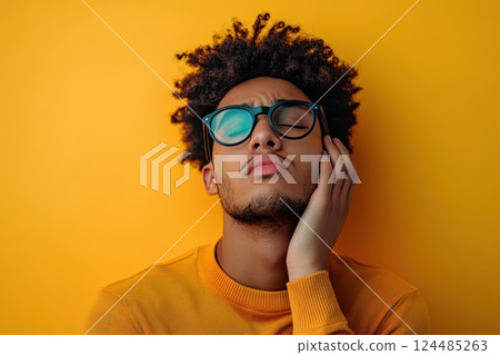 Man with curly hair poses by yellow background 124485263