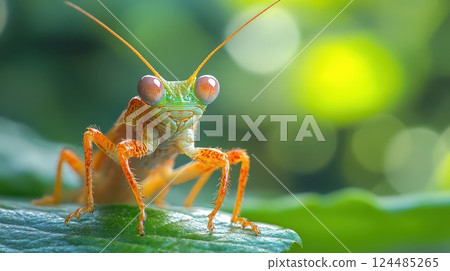 Close up view of a vibrant grasshopper on a leaf 124485265
