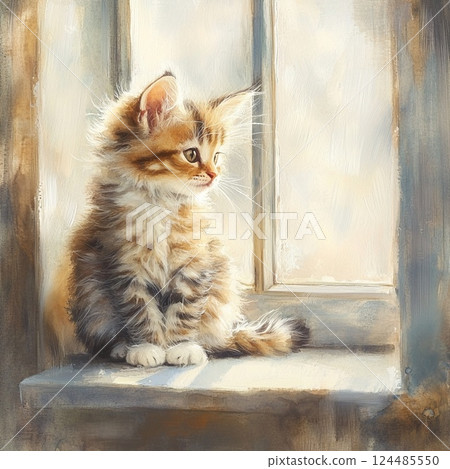 Illustration of a fluffy kitten gazing outside by the window (painting style) 124485550