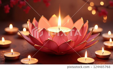Glowing candles and pink lotus flower. Festive background for Vesak Day and Buddha's birthday. Glowing candles and pink lotus flower. Festive background for Vesak Day and Buddha's birthday. 124485768