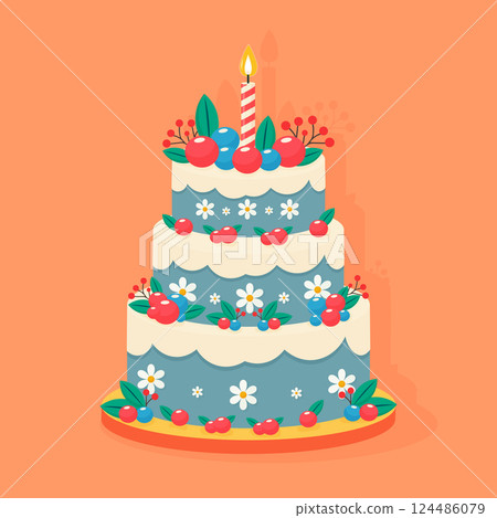 Birthday Cake with Berries and Floral Decorations Isolated Flat Vector Illustration Birthday Cake with Berries and Floral Decorations Isolated Flat Vector Illustration 124486079