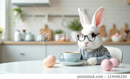 Cute bunny with cup of coffee and easter eggs on table. Easter celebration concept.	 Cute bunny with cup of coffee and easter eggs on table. Easter celebration concept.	 124486260