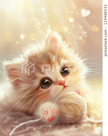 Illustration of a kitten playing with a ball of yarn (fluffy, light, soothing) Illustration of a kitten playing with a ball of yarn (fluffy, light, soothing) 124486532
