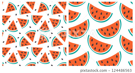 Triangle Half Watermelon slices with seeds Seamless pattern Tropical fruits Background concept Set 2 124486563