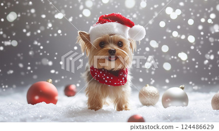 戴著聖誕帽和聖誕裝飾的小狗 124486629