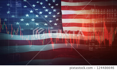 Digital economy and market data graphic overlaid with American flag Digital economy and market data graphic overlaid with American flag 124486646
