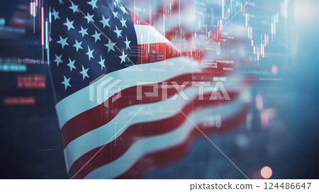 覆蓋著美國國旗的數位經濟和市場數據圖形 124486647