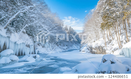 Winter landscape with a valley and frozen river surrounded by icicles and snow 124486651