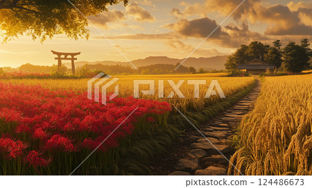 A rural landscape with a stone-paved road and a torii gate surrounded by red spider lilies and ears of rice A rural landscape with a stone-paved road and a torii gate surrounded by red spider lilies and ears of rice 124486673