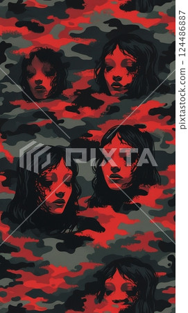 A creepy, horror-inspired wallpaper with a camo pattern 124486887