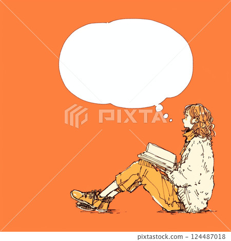 [對話泡泡] 一位女士坐著看書，對話泡泡 124487018