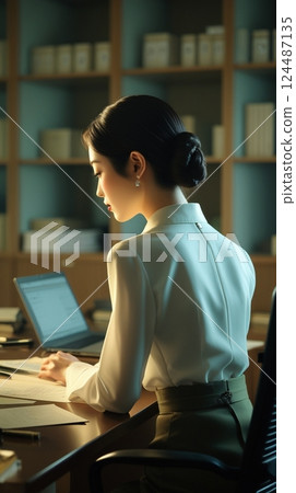 Rear view of a woman working in the office 124487135