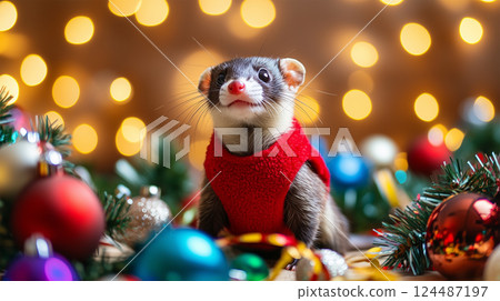 穿著紅色毛衣、聖誕裝飾的雪貂 124487197