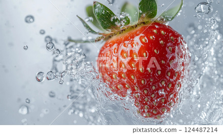 鮮紅的草莓在水花中閃閃發光的特寫 124487214