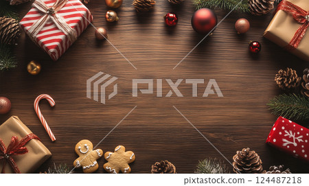 Christmas decorations and presents spread out on a wooden table 124487218