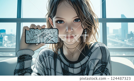 一名年輕女子拿著一部螢幕嚴重破裂的智慧型手機 124487323