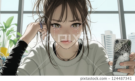 A young woman holding a smartphone with a badly cracked screen A young woman holding a smartphone with a badly cracked screen 124487341