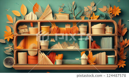 Illustration of a stylish bookshelf, fallen leaves, books, and autumn images 124487578