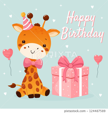 Happy Birthday Greeting Card with Cute Baby Giraffe 124487589