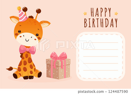 Happy Birthday Postcard Design with Cute Giraffe and Copy Space Place for Text 124487590