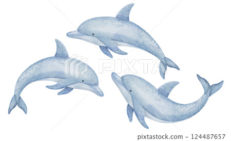 Watercolor illustration of cute Dolphin in soft pastel blue tones. Drawing of marine Animal for childish greeting cards or kids invitations. Art of Porpoise for childish design in nautical style. 124487657