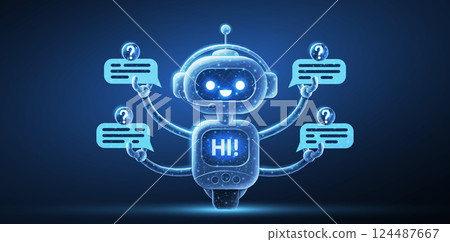 Customer service robot on blue. Chatbot assistant, AI bot, digital character 124487667