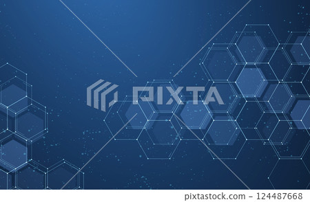 Blue hexagon abstract background. Honeycomb texture, medical technology. 124487668