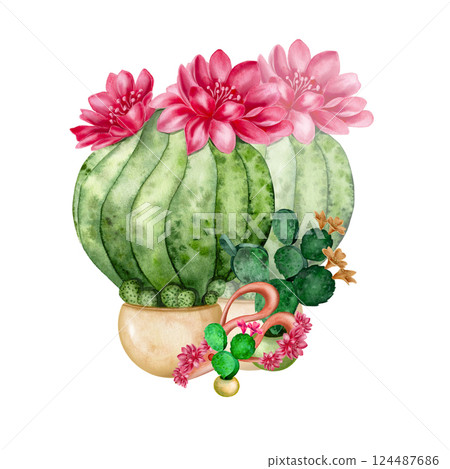 Cute green cactus with flowers. Watercolor illustration. Perfect for cards and greetings. The illustration is suitable for decorating clothes and stationery for children 124487686